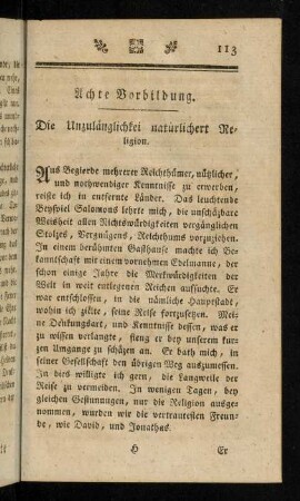 113-124, Achte Vorbildung. Die Unzulänglichkeit natürlichert Religion.