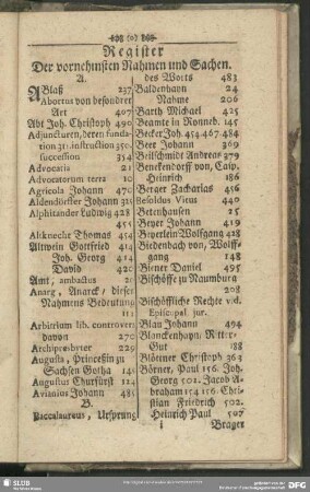 Register Der vornehmsten Nahmen und Sachen