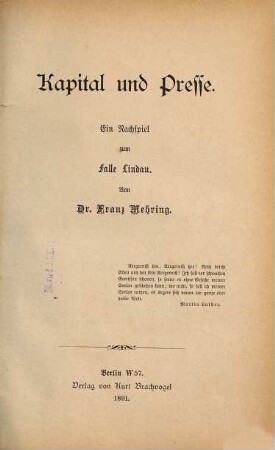 Kapital und Presse : ein Nachspiel zum Falle Lindau