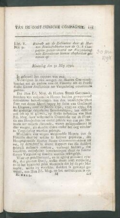 Litt. Y. No. 9. Extract uit de resolutien door de heeren bewindhebberen van de O. I. Compagnie ...
