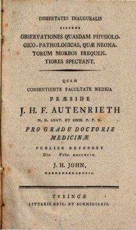 Diss. inaug. sistens observationes quasdam physiologico-pathologicas, quae neonatorum morbos frequentiores spectant