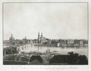 Dresden-Altstadt vom Blockhaus gesehen : Dresden-Altstadt vom Blockhaus gesehen (von Carl August Richter). Kupferstich, koloriert ; 57 x 73 cm