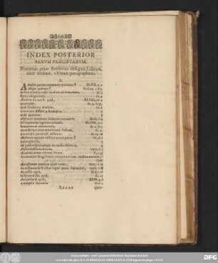 Index Posterior Rerum Praecipuarum. Numerus prior Romanus designat Librum, alter titulum, ultimus paragraphum.