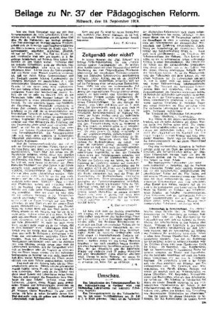 Zeitgemäß oder nicht? : Beilage zu Nr. 37 der Pädagogischen Reform