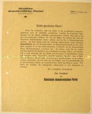 Rundschreiben der Deutschen demokratischen Partei zu den preußischen Landtagswahlen 1921