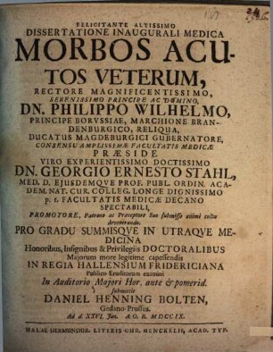 Dissertatione Inaugurali Medica Morbos Acutos Veterum