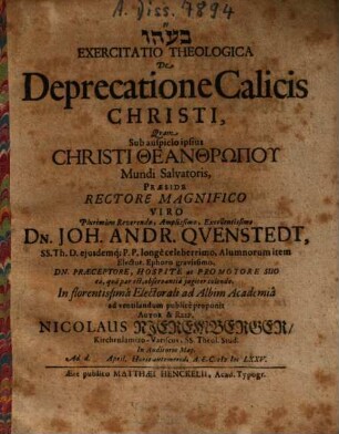 Exercitatio Theologica De Deprecatione Calicis Christi