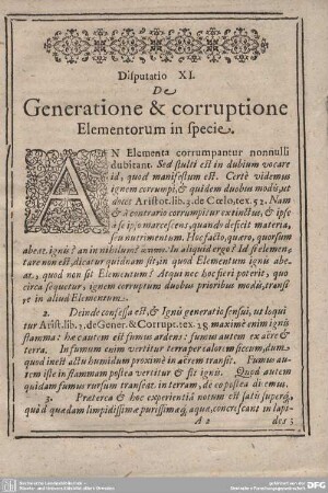 Disputatio XI. De Generatione & corruptione Elementorum in specie.