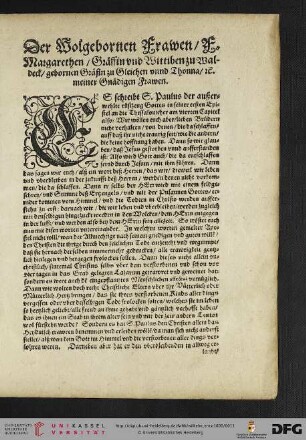 [Grabschrifft] Der Wolgebornen ... Margarethen Graffin vnd Wittiben zu Waldeck ...