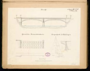 Eiserne Bogenbrücke Monatskonkurrenz Oktober 1880: Grundriss auf zwei Ebenen, Aufriss Seitenansicht, Detail, Konstruktionsdiagramm; Maßstabsleiste