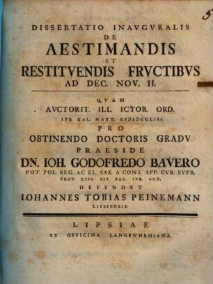 Dissertatio Inavgvralis De Aestimandis Et Restitvendis Frvctibvs Ad Dec. Nov. II.