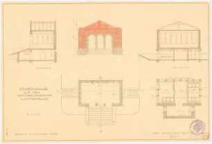 Erweiterung des Parkfriedhofes Berlin-Lichterfelde: Urnenhalle auf dem Friedhof in Längsschnitt, Vorderansicht, Querschnitt, Erdgeschoss-Grundriss und Keller-Grundriss 1:100, Stempel