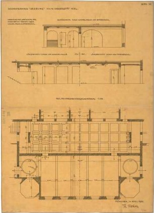Fischer, Theodor; Kiel; Studentenheim Seeburg - Teilgrundriss EG; Speisesaal u. Wandelhalle (Querschnitt, Längsschnitt)