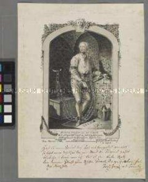 Eigenhändiger Vierzeiler mit Unterschrift des Friedrich Freiherr von der Trenck unter seinem Porträt in Grisaille-Zeichnung, o.O., 20. 3.1784