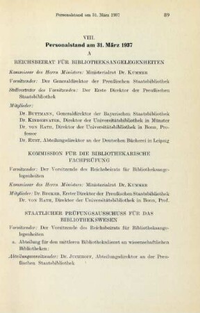 VIII. Personalstand am 31. März 1937