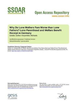 Why Do Lone Mothers Fare Worse than Lone Fathers? Lone Parenthood and Welfare Benefit Receipt in Germany