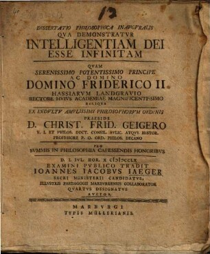 Diss. philos. inaug. qua demonstratur, intelligentiam Dei esse infinitam