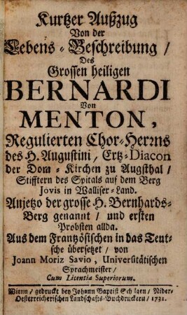 Kurzer Auszug von der Lebensbeschreibung des heiligen Bernardi von Menton