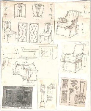 Rosenbauer, Gregor; Frankfurt; Studienarbeiten - Empire Stuhl, Sessel, Wanduhr (Ansicht, Perspektive, Schnitt, Detail)