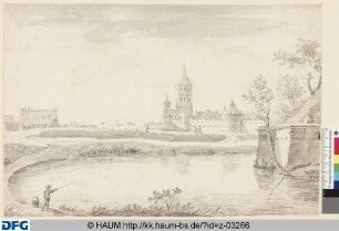 Burggraben - Teich mit Angler, im Hintergrund befestigte Ortschaft mit achteckigem Turm