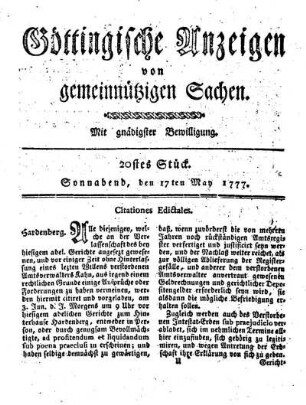20stes Stück. Sonnabend, den 17ten May 1777.