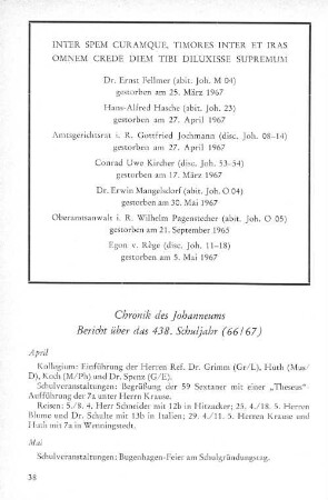 Chronik des Johanneums Bericht über das 438. Schuljahr (66/67)