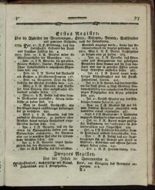 Erstes Register, über die Rubriken der Verordnungen, Edicte, Rescripte, Patente, Ausschreiben und gemeinen Bescheide; nach der Zeitordnung.