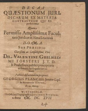 Decas Quaestionum Iuridicarum Ex Materia Contractuum Qui Re perficiuntur