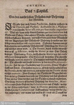 Das 7. Capitel. Von den natürlichen Ursachen und Ursprung der Metallen.