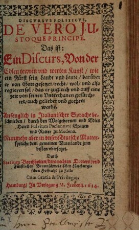 Discursus politicus de vero iustoque Principe