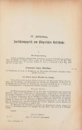 IV. Abtheilung. Ausführungsgesetz zum Bürgerlichen Gesetzbuche