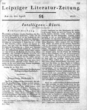 1815-04-15 : 91. Stück [Intelligenz-Blatt]