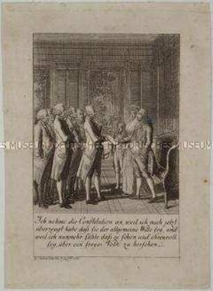 Annahme der Verfassung durch König Ludwig XVI. von Frankreich - drittes Kupfer (von drei) zum historisch-genealogischen Almanach von 1793