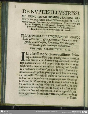 De Nuptiis Illustrissimi Principis Ac Domini, Domini Alberti, Marchionis Brandeburgensis, Prussiae, Stetinensium, Pomeraniae, Cassubiorem, Vandalorumque Ducis, Burggravi Norinbergensis, Rugiaeq[ue] Principis Et Illustrissimae Principis ac Dominae, Dn. Annae Mariae, Filiae Erici Ducis Brunsvicensis & Luneb.