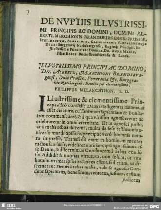 De Nuptiis Illustrissimi Principis Ac Domini, Domini Alberti, Marchionis Brandeburgensis, Prussiae, Stetinensium, Pomeraniae, Cassubiorem, Vandalorumque Ducis, Burggravi Norinbergensis, Rugiaeq[ue] Principis Et Illustrissimae Principis ac Dominae, Dn. Annae Mariae, Filiae Erici Ducis Brunsvicensis & Luneb.