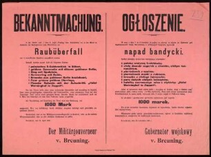 "Bekanntmachung." Suche nach vier Tätern eines Raubüberfalls, mit Auflistung der gestohlenen Gegenstände (2860)