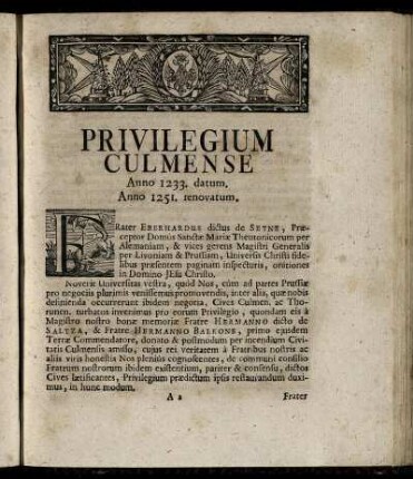 Privilegium Culmense Anno 1233. datum. Anno 1251. renovatum. - Literæ, D. Sigismundi, Regis,