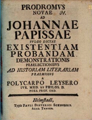Prodromus novae ad Johannae Papissae vulgo dictae existentiam probandam demonstrationis