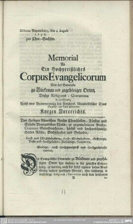 Memorial An Ein Hochpreißliches CorpusEvangelicorum Von der Gemeinde zu Bürkenau und zugehöriger Orten, Dasige Religions-Gravamina betreffend
