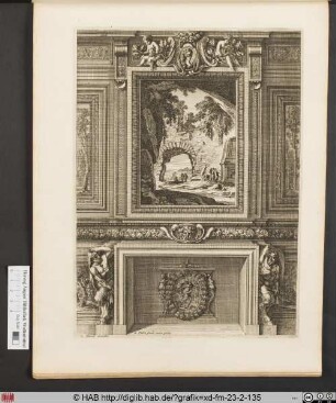 Cheminée dont le manteau porte un tableau représentant un paysage de ruines romaines.