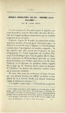 Quelques observations sur une "première lecon d'algèbre".