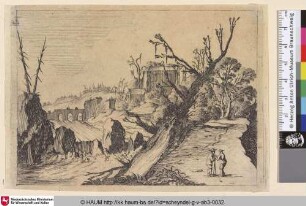[Landschaft mit Steinbrücke, Haus und Wasserfall; Waterfall between Banks crowned by bare Trees]