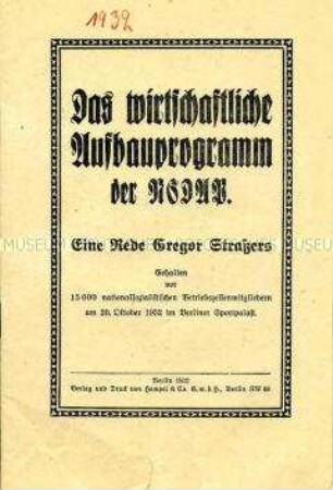 Rede von Gregor Straßer zum wirtschaftlichen Programm der NSDAP