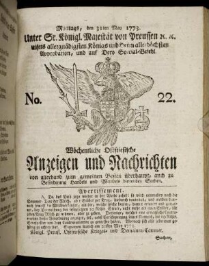 No. 22. Montags, den 31ten May 1773.