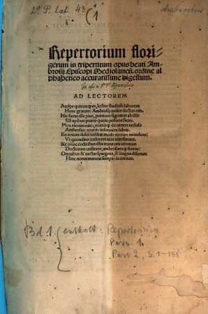 Divi Ambrosii episcopi Mediolanensis omnia opera : accuratissime revisa atq[ue] in tres partes nitidissime excusa, 1