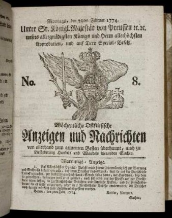 No. 8. Montags, den 21ten Februar 1774
