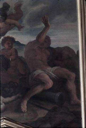 Antikische Szene mit Schlachtfeld und Apoll auf dem Sonnenwagen (Allegorie des Krieges?)