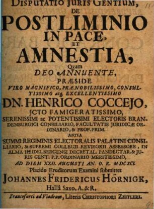 Disputatio Juris Gentium, De Postliminio In Pace, Et Amnestia
