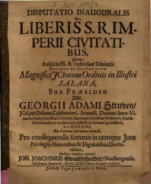 Disputatio Inauguralis De Liberis S. R. Imperii Civitatibus
