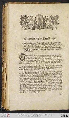 Regenspurg den 17. Augusti 1756